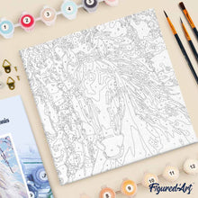 Cargar imagen en el visor de la galería, Mini Pintura por Números 20x20cm con bastidor Caballo y flores blancas