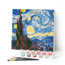 Cargar imagen en el visor de la galería, Mini Pintar por Números 20x20cm con bastidor Noche estrellada de Van Gogh