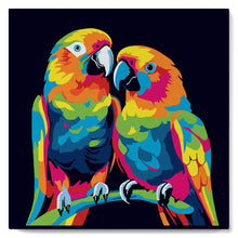Cargar imagen en el visor de la galería, Mini Pintura por Números 20x20cm con bastidor Arte Pop Abstracto de Loros