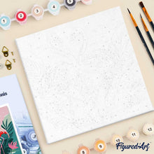 Cargar imagen en el visor de la galería, Mini Pintura por Números 20x20cm con bastidor Flamencos Tropicales