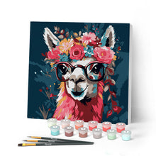 Cargar imagen en el visor de la galería, Mini Pintar por Números 20x20cm con bastidor Llama Fantasía con Flores