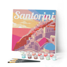 Cargar imagen en el visor de la galería, Mini Pintar por Números 20x20cm con bastidor Póster de Viaje Atardecer en Santorini