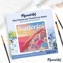 Cargar imagen en el visor de la galería, Mini Pintura por Números 20x20cm con bastidor Póster de Viaje Atardecer en Santorini