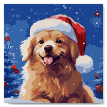 Cargar imagen en el visor de la galería, Mini Pintura por Números 20x20cm con bastidor Perro en la Navidad Nevada