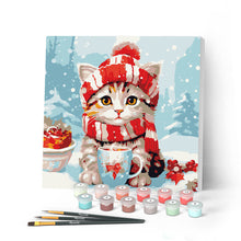 Cargar imagen en el visor de la galería, Mini Pintar por Números 20x20cm con bastidor Gato Lindo con Bufanda Roja