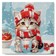Cargar imagen en el visor de la galería, Mini Pintura por Números 20x20cm con bastidor Gato Lindo con Bufanda Roja