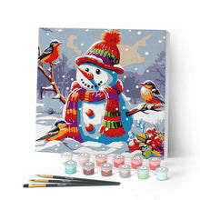 Cargar imagen en el visor de la galería, Mini Pintar por Números 20x20cm con bastidor Muñeco de Nieve y Pájaros