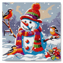 Cargar imagen en el visor de la galería, Mini Pintura por Números 20x20cm con bastidor Muñeco de Nieve y Pájaros