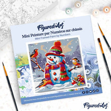 Cargar imagen en el visor de la galería, Mini Pintura por Números 20x20cm con bastidor Muñeco de Nieve y Pájaros