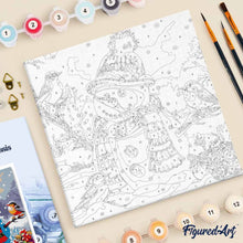 Cargar imagen en el visor de la galería, Mini Pintura por Números 20x20cm con bastidor Muñeco de Nieve y Pájaros