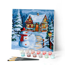 Cargar imagen en el visor de la galería, Mini Pintar por Números 20x20cm con bastidor Muñeco de Nieve y la Cabaña