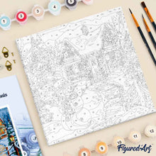 Cargar imagen en el visor de la galería, Mini Pintura por Números 20x20cm con bastidor Muñeco de Nieve y la Cabaña