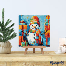 Cargar imagen en el visor de la galería, Mini Pintura por Números 20x20cm con bastidor - Muñeco de nieve y regalos