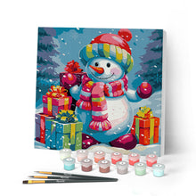 Cargar imagen en el visor de la galería, Mini Pintar por Números 20x20cm con bastidor Muñeco de Nieve y Regalos en la Nieve