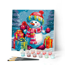 Cargar imagen en el visor de la galería, Mini Pintar por Números 20x20cm con bastidor Muñeco de Nieve y Regalos en la Nieve