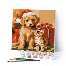 Cargar imagen en el visor de la galería, Mini Pintar por Números 20x20cm con bastidor Gato y Perro de Navidad