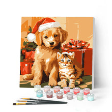 Cargar imagen en el visor de la galería, Mini Pintar por Números 20x20cm con bastidor Gato y Perro de Navidad