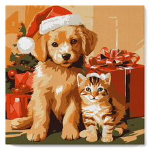 Cargar imagen en el visor de la galería, Mini Pintura por Números 20x20cm con bastidor Gato y Perro de Navidad