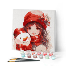 Cargar imagen en el visor de la galería, Mini Pintar por Números 20x20cm con bastidor - Niña bonita y muñeco de nieve