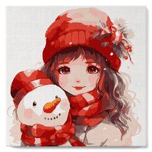 Cargar imagen en el visor de la galería, Mini Pintura por Números 20x20cm con bastidor - Niña bonita y muñeco de nieve