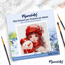 Cargar imagen en el visor de la galería, Mini Pintura por Números 20x20cm con bastidor - Niña bonita y muñeco de nieve
