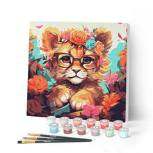 Cargar imagen en el visor de la galería, Mini Pintar por Números 20x20cm con bastidor - Cachorro de león de fantasía y flores