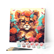Cargar imagen en el visor de la galería, Mini Pintar por Números 20x20cm con bastidor - Cachorro de león de fantasía y flores