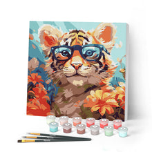 Cargar imagen en el visor de la galería, Mini Pintar por Números 20x20cm con bastidor - Cachorro de tigre de fantasía y flores