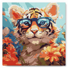 Cargar imagen en el visor de la galería, Mini Pintura por Números 20x20cm con bastidor - Cachorro de tigre de fantasía y flores
