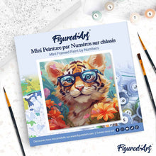 Cargar imagen en el visor de la galería, Mini Pintura por Números 20x20cm con bastidor - Cachorro de tigre de fantasía y flores