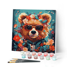 Cargar imagen en el visor de la galería, Mini Pintar por Números 20x20cm con bastidor - Oso de fantasía y flores