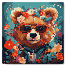 Cargar imagen en el visor de la galería, Mini Pintura por Números 20x20cm con bastidor - Oso de fantasía y flores