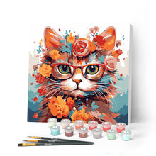Cargar imagen en el visor de la galería, Mini Pintar por Números 20x20cm con bastidor - Gato de fantasía y flores