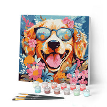 Cargar imagen en el visor de la galería, Mini Pintar por Números 20x20cm con bastidor - Perro de fantasía y flores
