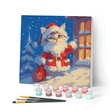 Cargar imagen en el visor de la galería, Mini Pintar por Números 20x20cm con bastidor - Gatito de Papá Noel