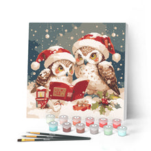 Cargar imagen en el visor de la galería, Mini Pintar por Números 20x20cm con bastidor - Búhos de Papá Noel leyendo
