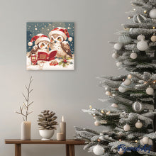 Cargar imagen en el visor de la galería, Mini Pintura por Números 20x20cm con bastidor - Búhos de Papá Noel leyendo
