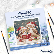 Cargar imagen en el visor de la galería, Mini Pintura por Números 20x20cm con bastidor - Búhos de Papá Noel leyendo