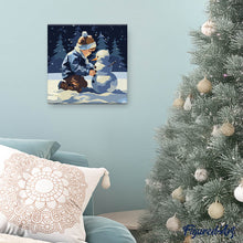 Cargar imagen en el visor de la galería, Mini Pintura por Números 20x20cm con bastidor - Un niño y un muñeco de nieve