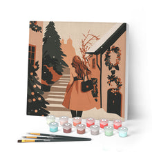 Cargar imagen en el visor de la galería, Mini Pintar por Números 20x20cm con bastidor - Chica en pueblo festivo