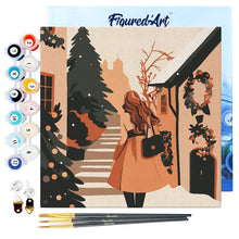 Cargar imagen en el visor de la galería, Mini Pintura por Números 20x20cm con bastidor - Chica en pueblo festivo