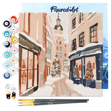 Cargar imagen en el visor de la galería, Mini Pintura por Números 20x20cm con bastidor - Callejón navideño nevado