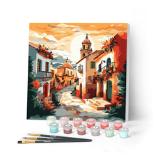 Cargar imagen en el visor de la galería, Mini Pintar por Números 20x20cm con bastidor - Iglesia soleada del pueblo