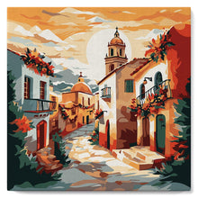 Cargar imagen en el visor de la galería, Mini Pintura por Números 20x20cm con bastidor - Iglesia soleada del pueblo
