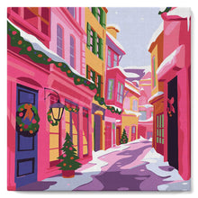 Cargar imagen en el visor de la galería, Mini Pintura por Números 20x20cm con bastidor - Callejón navideño rosa
