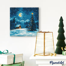 Cargar imagen en el visor de la galería, Mini Pintura por Números 20x20cm con bastidor - Noche estrellada de Navidad