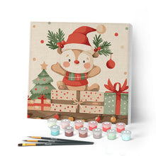 Cargar imagen en el visor de la galería, Mini Pintar por Números 20x20cm con bastidor - Oso con regalo festivo