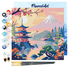Cargar imagen en el visor de la galería, Mini Pintura por Números 20x20cm con bastidor - Pagoda y Monte Fuji