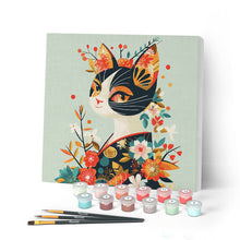 Cargar imagen en el visor de la galería, Mini Pintar por Números 20x20cm con bastidor - Gata Floral en Kimono