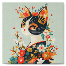 Cargar imagen en el visor de la galería, Mini Pintar por Números 20x20cm con bastidor - Gata Floral en Kimono